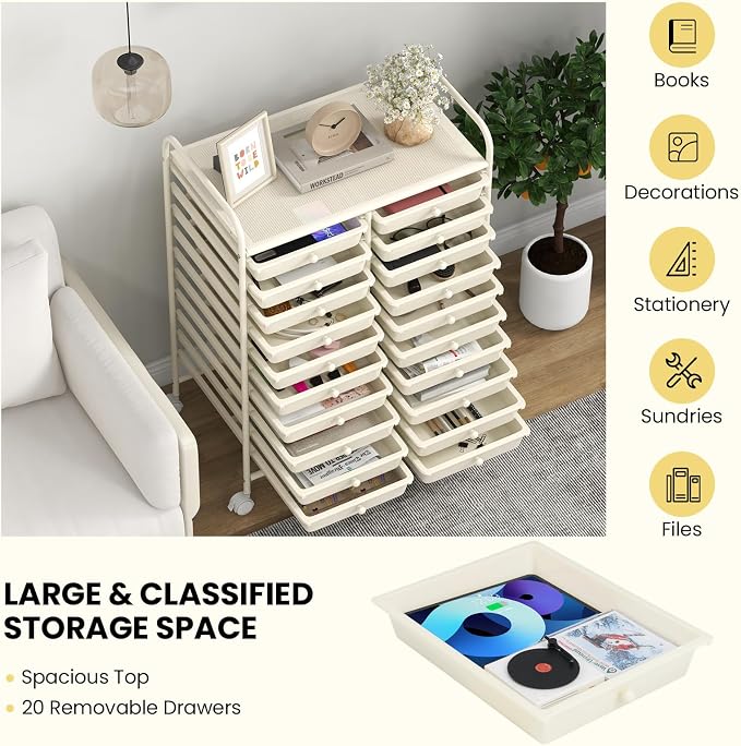 COSTWAY 20-Drawer Rolling Storage Cart, Utility Storage Organizer Cart | For Tools, Scrapbook, Paper, Craft, Multipurpose Storage Trolley on Wheels for Home Office School (Ivory White)