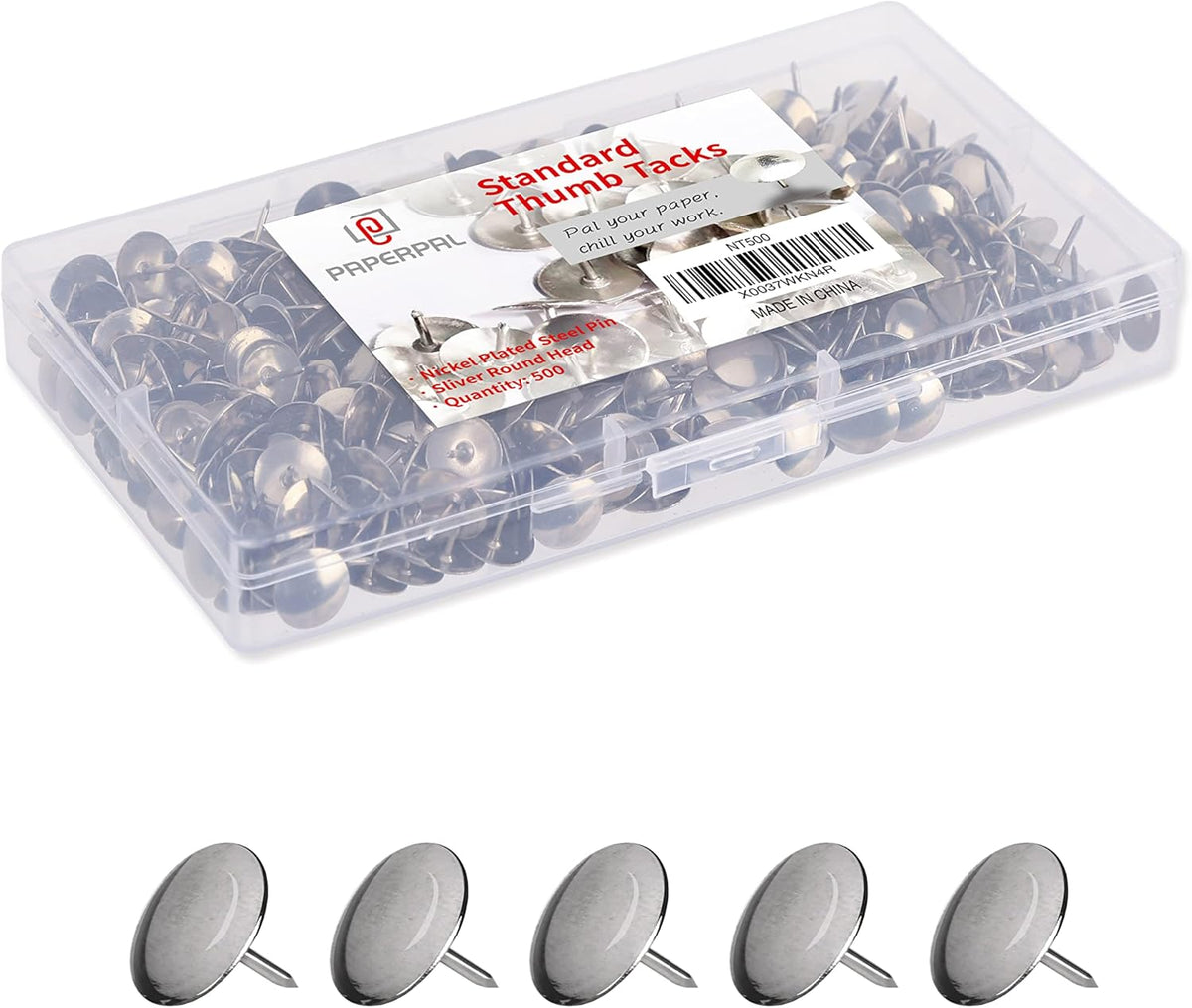 PAPERPAL 500 Standard Thumbtacks for Cork Board, Flat Thumb Tacks for Posters, Bulletin Board Tacks, Metal Pushpins for Office School & Personal Use