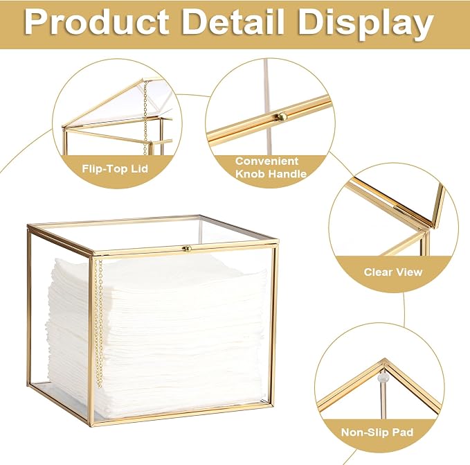 Sumnacon Glass Disposable Face Towel Holder Compatible with Clean Skin Cluub XL Facial Towels, Gold Clear Face Towels Storage Box with Lid, Makeup Container Organizer for Bathroom, Vanity Countertop