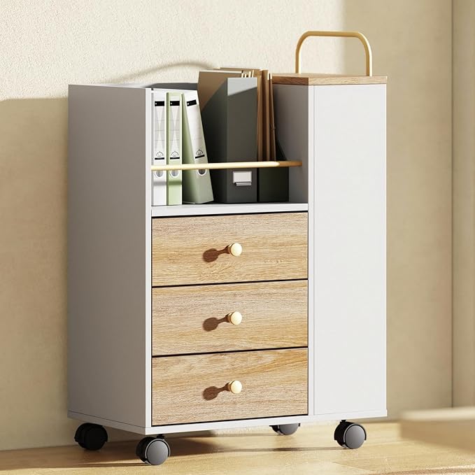 Mobile File Cabinet Under Desk with 3 Drawer, Lockable Wheels | Rolling Filing Cabinet, Utility Cart with Open Storage Shelves Home Office Fits A4/Legal, 19.7" x 11.8" x 26.3", Light Walnut