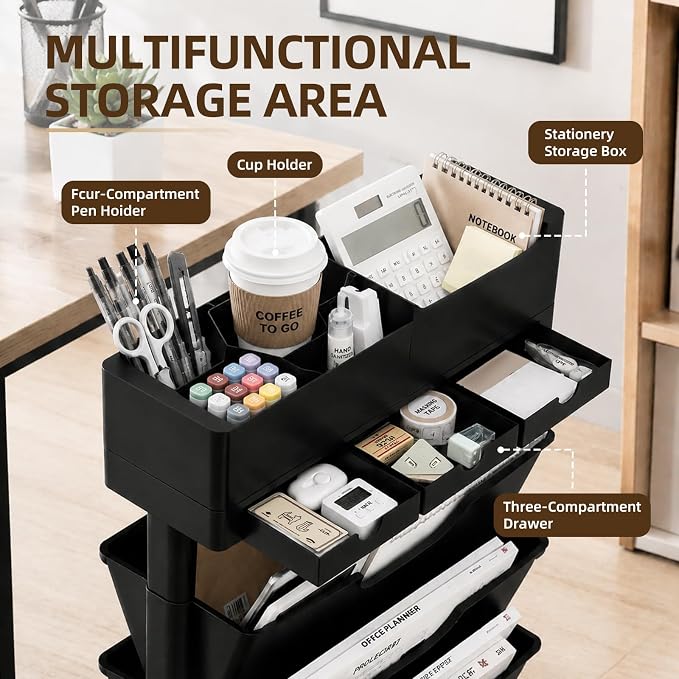 5 Tier Rolling Book Cart Multi-Functional Movable Storage Bookshelves | rolling bookshelf,Movable Storage Bookshelves with Lockable Wheels for Study Office Library Classroom,