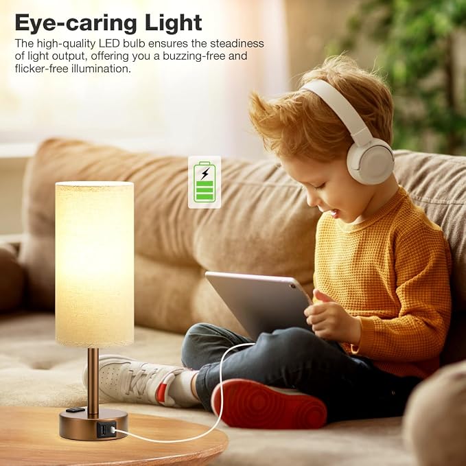 Brown Bedside Table Lamp for Bedroom - 3 Way Dimmable Touch Lamp USB C Charging Ports and AC Outlet, Small Lamp Round Flaxen Fabric Shade for Living Room, Desk, LED Bulb Included