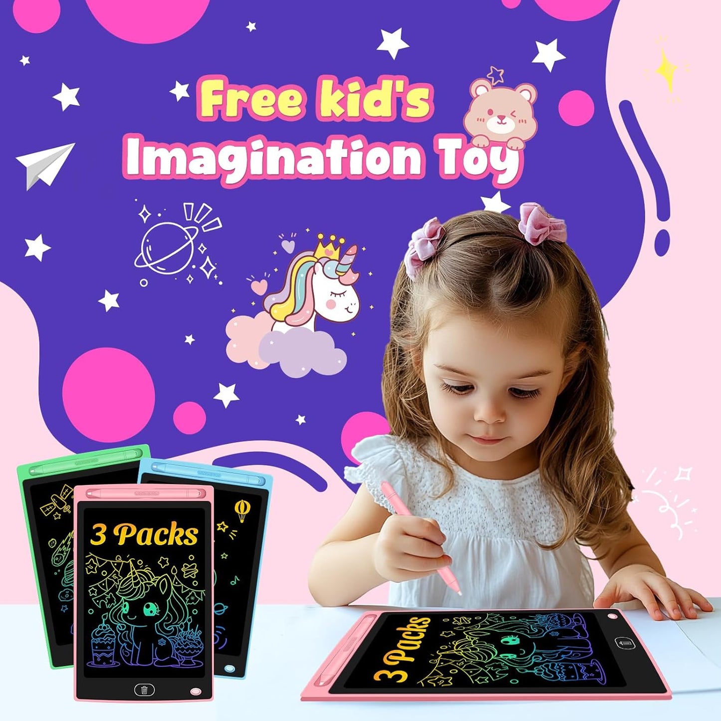 3 Pack LCD Writing Tablet for Kids - Erasable and Reusable Toddler Doodle Board in 8.5 inch, Ideal Drawing Pad for Learning Toy for Ages 3-8, Gift for Girls Boys (3 Pack (Pink,Blue, Green))