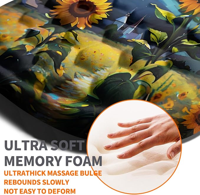 Ergonomic Joint Wrist Support Mouse Pad with Memory Foam Cushion Massage Bump, Carpal Tunnel Pain Relief Mousepad Slope Design for Wrist Rest, 11.8x7.9 in, Sunflower