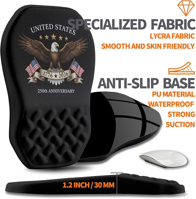 Ergonomic Slope Mouse Pad Wrist Support, Wrist Rest Mousepad for Carpal Tunnel Pain Relief with Massage Bulge and Slow Rebound Memory Foam (12x8 inch, 250th Anniversary)