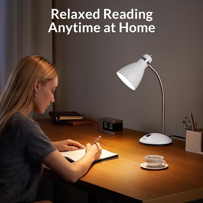 LEPOWER Metal Desk Lamp, Adjustable GooseNeck Reading Light for Bedroom | Compact & Sturdy, Space-Saving for Bedside & Dorm, E26 Table Lamp, Eye-Caring, Ideal for Study, Office, Back to School