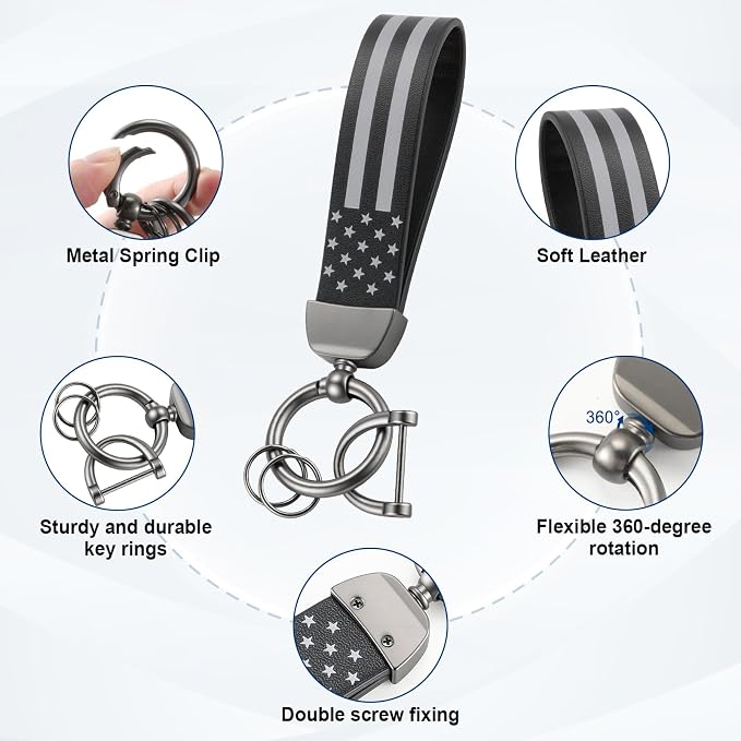 JUSTTOP Leather Keychain, American Flag Car Keychain with Anti-Lost D-Ring and 2 Key Rings, Key chain for Men