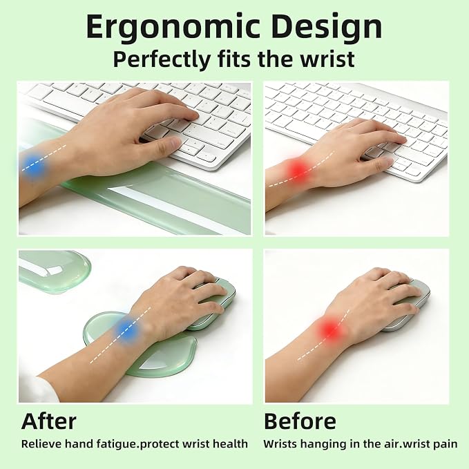 Gel Wrist Rest Set for Computer Keyboard and Mouse, 2-Pack (Green) | Ergonomic Silicone Wrist Support for Typing Fatigue Relief, Non-Slip Cooling Computer Wrist Rest Pad for Office, Gaming