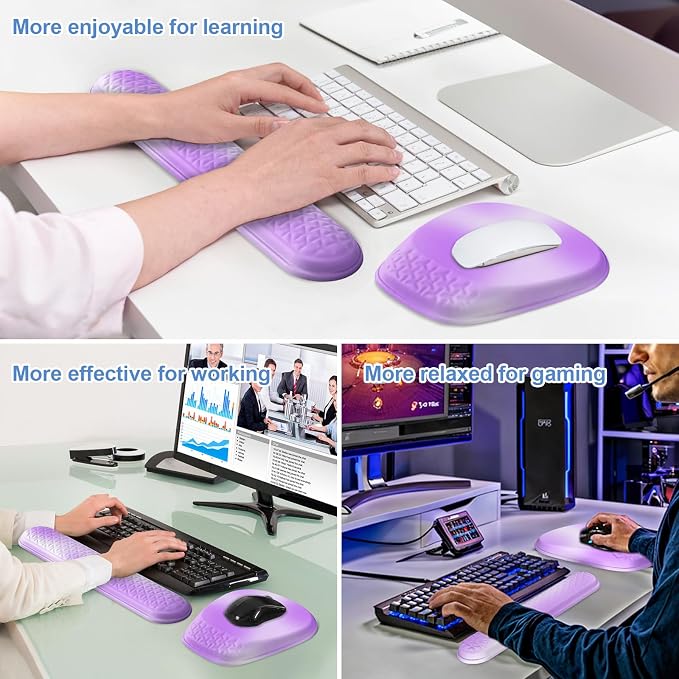 Mouse Pad with Wrist Rest, Comfortable Memory Foam Wrist Rest for Computer Keyboard, Ergonomic Mouse Pad Set for Easy Typing & Pain Relief - Gradient Purple