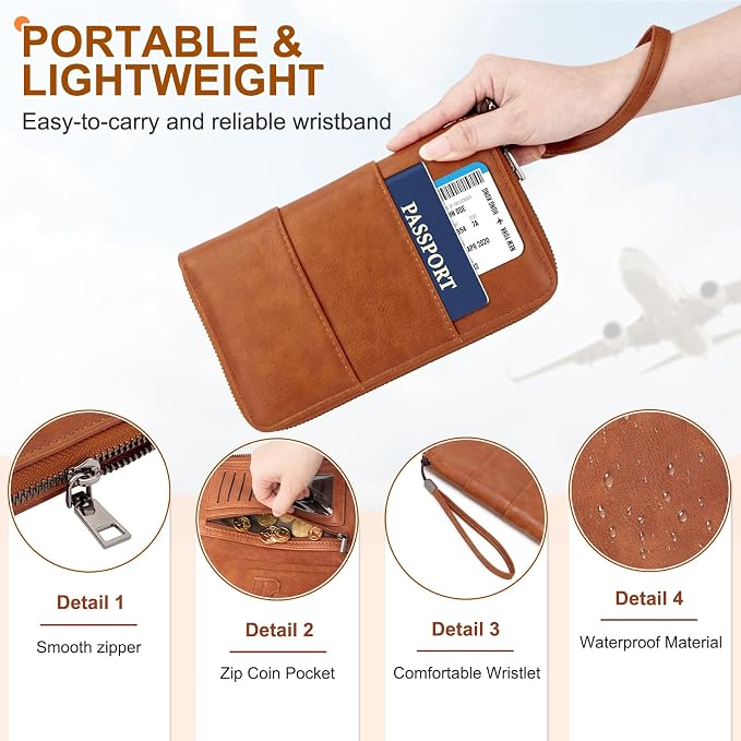 RFID Family Passport Holder Wallet - Travel Document Organizer | PU Leather, with Wristlet, Zipper, Cards, Boarding Pass, ID, Cash, Ticket Pockets,Travel Essentials Gifts for Women Men