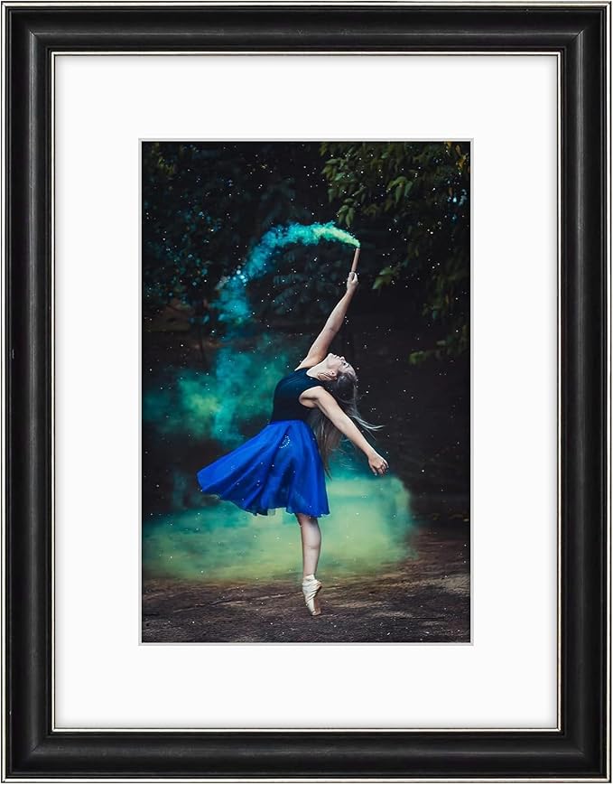 Golden State Art, 12x16 Silver Trim Black Frame - White Mat for 8x12 Photo - Vintage Antique Style - Brushed Texture Finish - Wall Mounting - Portrait/Landscape - Tempered Glass