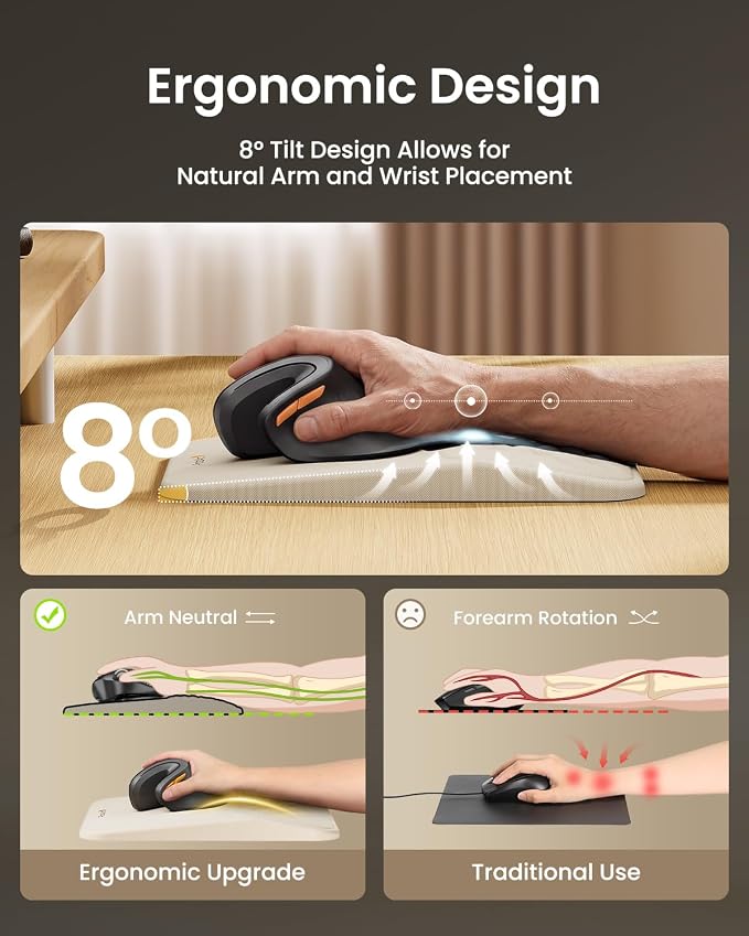ProtoArc MP50 Ergonomic Mouse Pad with Wrist Support, Lycra Surface, Beige | 8° slope & massage points, soft memory foam, Large 12x8 Inches, Non-slip base. Relieves wrist strain for office & home