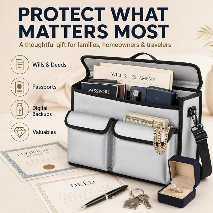 Fireproof Document Bag 17 x 11 in with File Organizer Box | UL94 VTM-0 Certified, Silicone-Coated Fiberglass, 2 Dividers, Grab-and-Go Emergency Storage, Important Document Case for Home