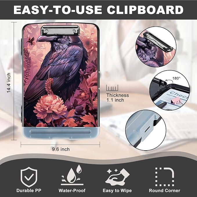 Clipboard with Storage,Storage Clipboard with Pen Holder,Heavy Duty Plastic Storage Clipboard with Low Profile Clip,Teacher Must Haves,Clipboard Folder,Office Supplies,Crows and Flowers -1344