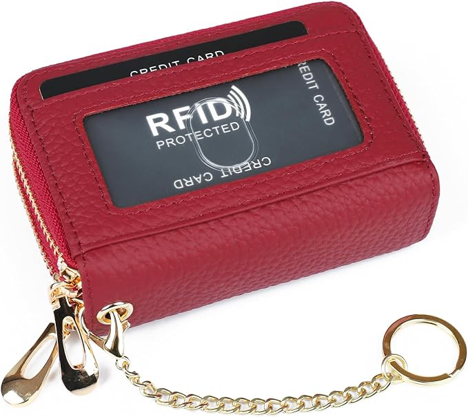 imeetu RFID Credit Card Holder, Small Card Wallet Women, Leather Card Case | Genuine Leather Women's Card & id Cases, Change Coin Purse with Zipper Keychain id Window, 20 Colors & 3 Styles, Daily, Gifts