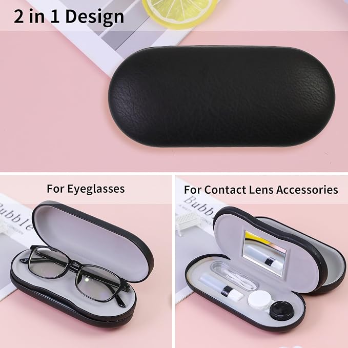 2 in 1 Contact Lens Case and Eyeglasses Case for Women Men Kids, Double Sided Hard Shell Portable Glasses Travel Holder with Built-in Mirror, Contact Lens Box Storage Kit, Black
