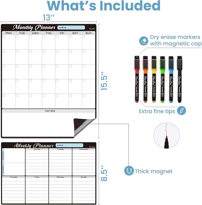 Magnetic Dry Erase Monthly Calendar Set - 15.5"x13" Monthly and 8.5"x13" Weekly Calendar for Fridge - 6 Extra Fine Point Markers Included - Shipped Flat
