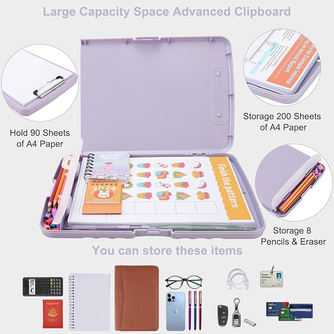 SFLHHDM Purple Clipboard, Clip Board 8.5x11, Teacher Clipboards with Storage, Plastic Clipboard with Pen Holder, Clipboards Storage for Women Teachers Work, School & Office Supplies