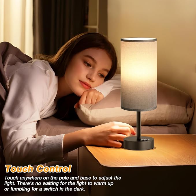 Dicoool Bedside Table Lamp for Bedroom - 3-Way Dimmable Touch Lamp, USB A+C | LED Bulb Included, 14" Small Nightstand Lamp for Desk, Living Room, Guest Room, Grey Fabric Lampshade, Grey Metal Base