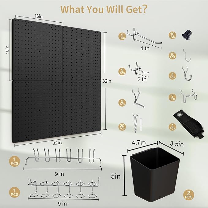 FZK Modular Plastic Peg Board Wall Organizer Kit, 16x16, Black | Features 33 storage accessories, heavy duty 200 pounds capacity, suitable for garage workshop, craft room and office wall