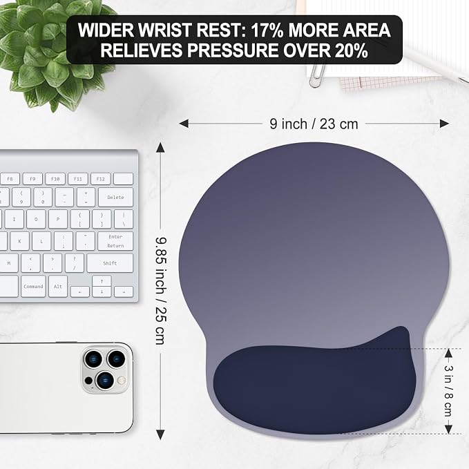 ITNRSIIET Ergonomic Mouse Pad with Wider Memory Foam Wrist Rest +17% - Curved Cushion Reduces Pressure 20%, Pain Relief, Non-Slip, Smooth, Cute Colors, 9.85 x 9 in, Gray Blue Gradient