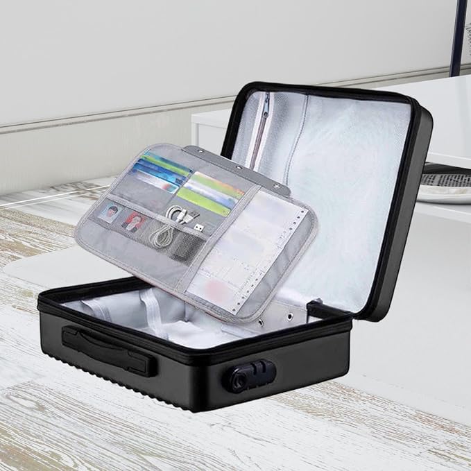 Fireproof Document Box, Secure Storage, Waterproof Briefcase, Sturdy Storage Bag for Contracts, Outdoor, Black