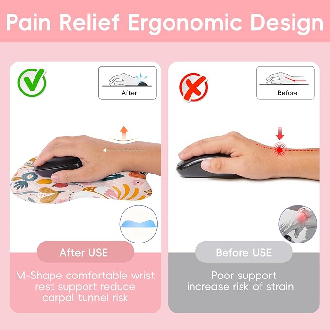 Upgrade Ergonomic Mouse Pad,Non Slip Mousepad Wrist Rest Support for Office, Computer, Laptop & Mac(B-Pink Floral)