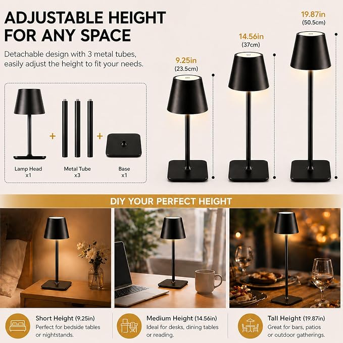 Cordless Table Lamp 2 Pack, Rechargeable LED Ambient Lamp with Up to 54H Runtime, Portable Minimalist Lighting for Bedroom, Restaurant, Bedside & Dining Table, Stepless Dimming (2, Black)