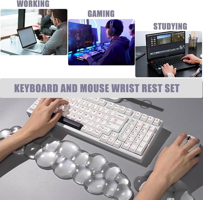 Ergonomic Cloud Gel Keyboard and Mouse Wrist Rest Set – White Clear Wrist Rest for Keyboard 60%/68%/75%, Comfort & Support for Typing and Gaming (Cloud)