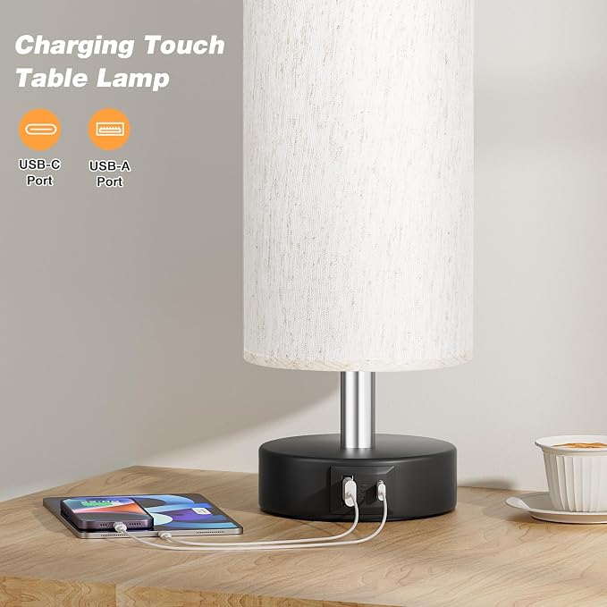 Small Table Lamp for Bedroom - Touch Control Lamp with 3 Way Dimmable | LED Bulb Included | USB C and A Ports | Cream Shade and Black Base | Bedside Lamp for Nightstand
