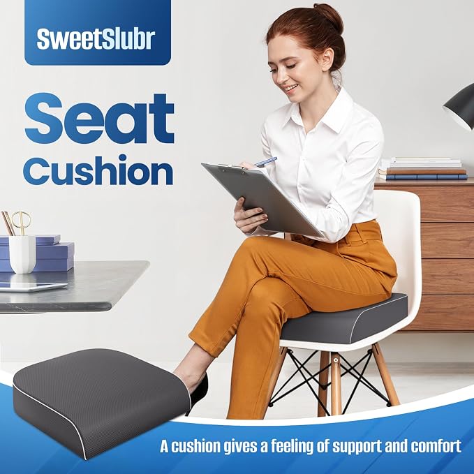 SweetSlubr Seat Cushion for Tailbone Pain Relief, Office Chair Cushion, Memory Foam Large Chair Pad with Non-Slip Cover for Soft Support at Office Chair, Car Seat, Airplane Grey/XLarge