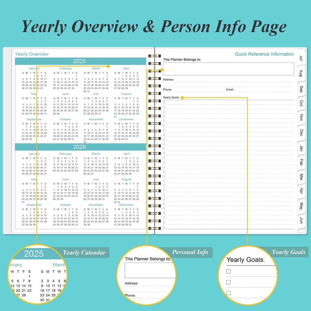 2025-2026 Planner - Academic Planner 2025-2026 from July 2025 to June 2026 with 12 Monthly Tabs, Flexible Cover, Inner Pocket, 8.5" x 11", Teal Flowers