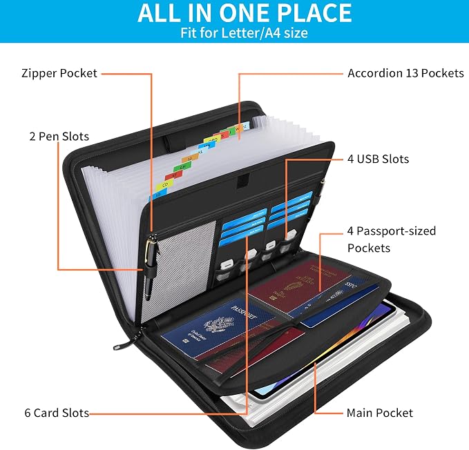 Important Document Organizer with Lock, Fireproof Accordion File Organizer | 13 Pockets Expanding File Folder with Handle & Labels, Portable Travel Business Binder Papers Organizer for Letter A4 Files