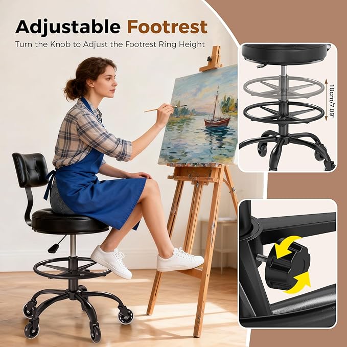 Office Drafting Chair with Footrest, Tall Height Adjustable Stool with Back Support, Heavy Duty Rolling Stool Chair with Wheels for Office Home Kitchen Bar Shop Guitar Studio Vanity, Black