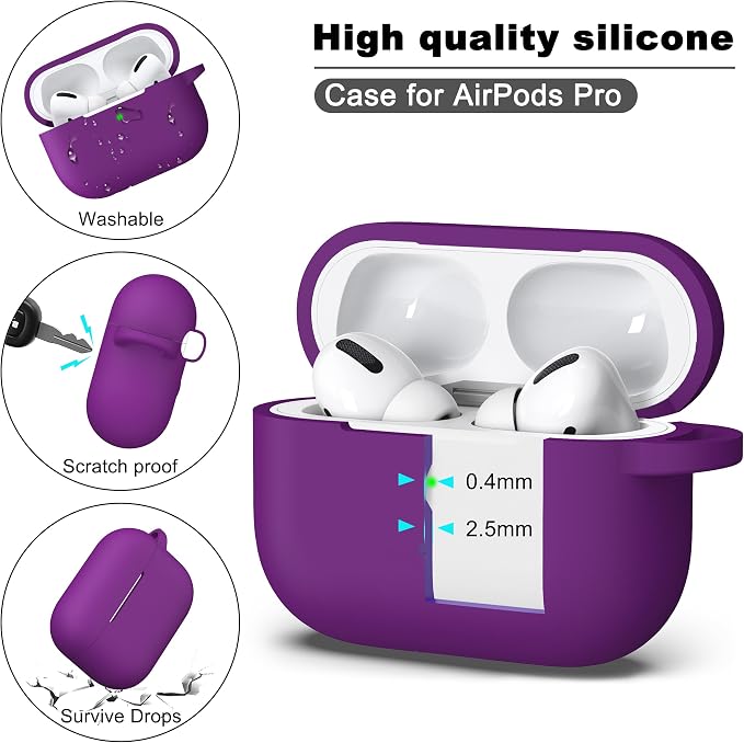 R-fun for AirPods Pro 2 Case, Soft Silicone Protective Cover with Keychain and Cleaning Pen, Compatible with AirPods Pro 2nd/1st Generation, Supports Wireless Charging, Violet