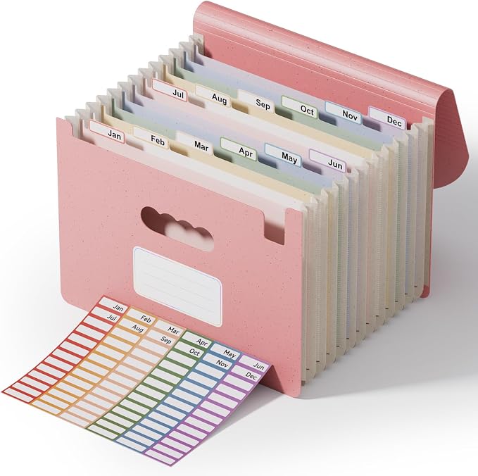 ThinkTex 12-Pocket Accordion File Organizer, Letter & A4 Size, 16 Colors | for Paper Receipts, Bills&Taxes Organizer, Portable Letter/A4 Size Document Holder for School, Office, Home