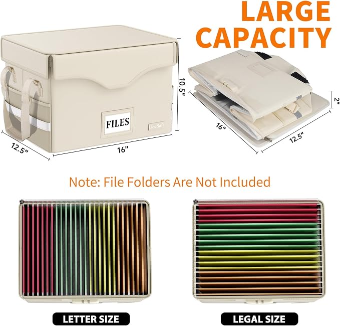 DocSafe 5200°F Fireproof Document Box with Lock,Heat Insulated File Organizer Storage with Pockets,Collapsible Portable Home Office File Safe Box with Handle for Hanging Letter/Legal Folders, Beige