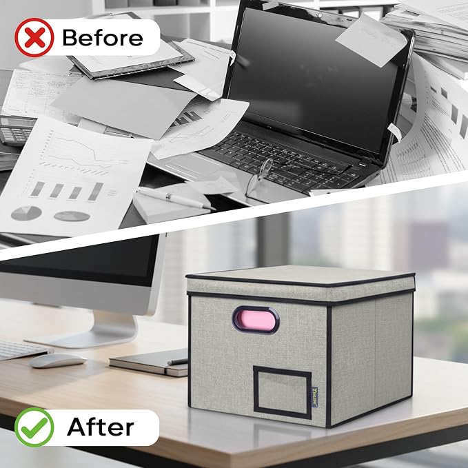 BALEINE File Organizer Box with Lid, Collapsible Hanging File Storage Box | Smooth Plastic Rails, Textured Fabric Exterior, Collapsible Hanging File Folder Box for Office Document Storage