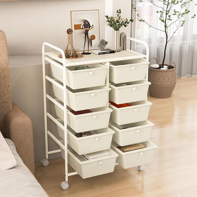 RELAX4LIFE 10 Drawer Storage Cart - Ivory Metal Frame Rolling Art Cart Organizer with Lockable Wheels, Utility Cart for Crafting Storage, Office, Home, School