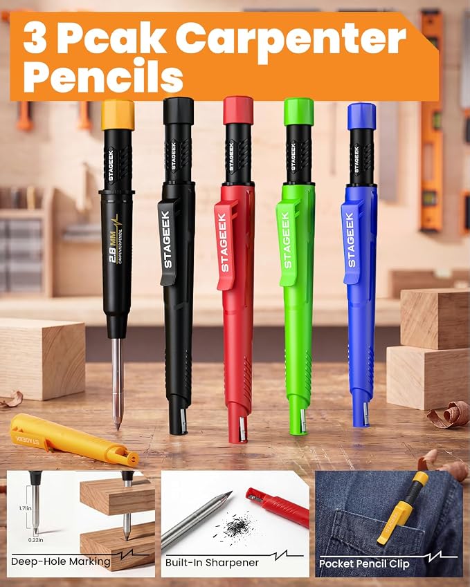 STAGEEK 49 Pack Carpenter Pencils Set With 164 Refills | Construction Pencil, Deep Hole Long-Nib Marker Pens, Automatic Center Punch and Carbide Scribe Tool for Woodworking with Case