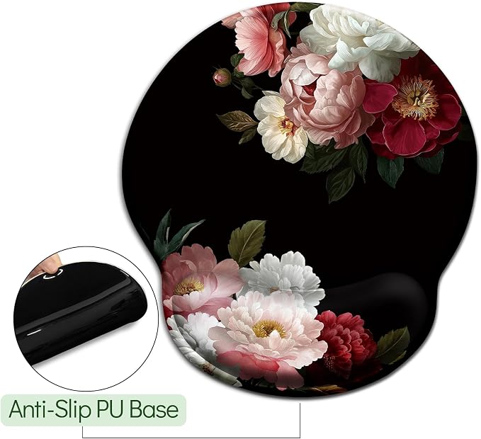 LIMKRIAN Black Flower Ergonomic Mouse Pad with Wrist Rest, 9.8 x 8.6 in | Comfort Gel Wrist Support Pain Relief, Non-Slip PU Base, Smooth Surface, Mousepad for Computer Office Desk Accessories Decor