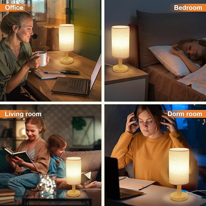 Small Touch Table Lamps Set of 2 with Stepless Dimming&USB Plug, Natural Round Wood Base & Linen Fabric Shade |Soft Ambient Night Light |Minimalist Boho Bedside Lamp for Bedroom,Nursery,Kitchen,Dorm