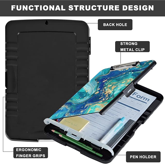 Clipboard with Storage,Storage Clipboard with Pen Holder,Heavy Duty Plastic Storage Clipboard with Low Profile Clip,Teacher Must Haves,Clipboard Folder,Office Supplies,Gold Marble -1336