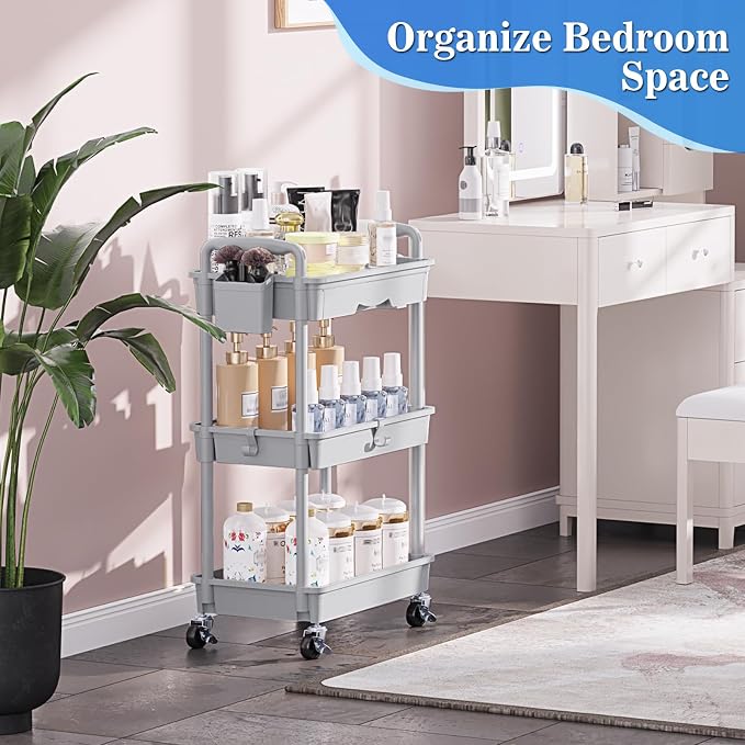 SUNALLY 3 Tier Rolling Cart with Drawer, Craft Storage Cart Organizer, Gray | Bathroom Storage Organizer with 2 Lockable Wheels, Rolling Utility Cart for Kitchen, Office, Baby, Makeup, Nail,Snack,Laundry