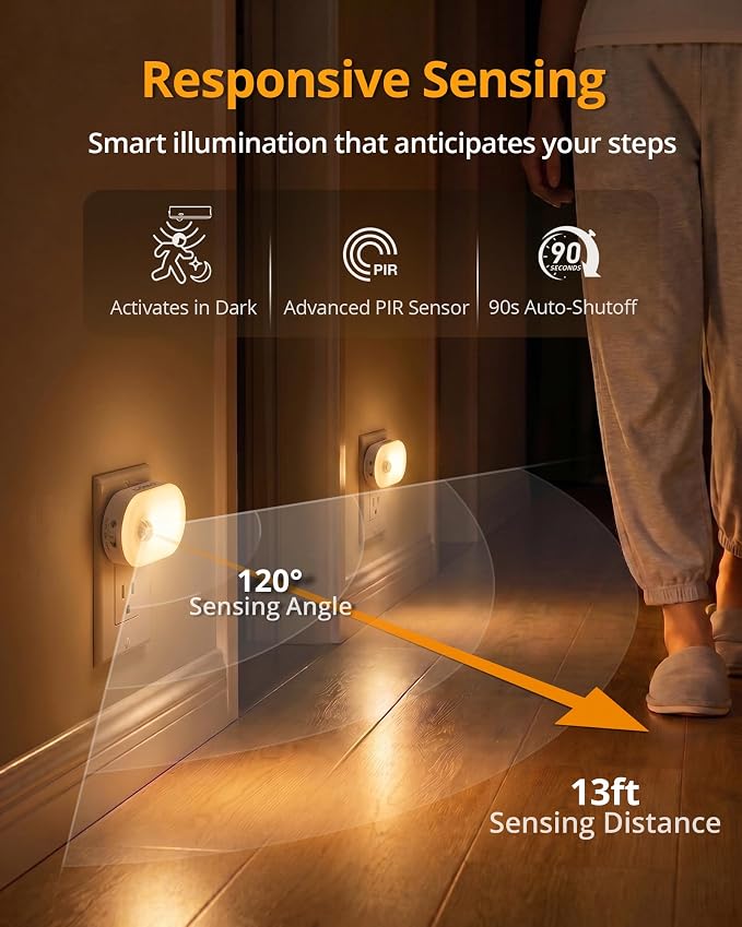 Lyridz Plug in Night Light with Motion Sensor, 120LM Superior Bright Smart Mini LED Nightlight, Warm White with Stepless Adjustable Brightness for Bathroom, Bedroom, Kitchen, Stairs, Hallway, 2 Pack