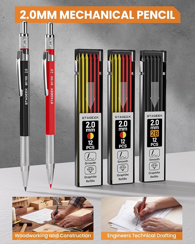 STAGEEK 30 Pack Carpenter Pencils Set With 79 Refills | Construction Pencil, Deep Hole Long-Nib Marker Pens, Automatic Center Punch and Carbide Scribe Tool for Woodworking with Case