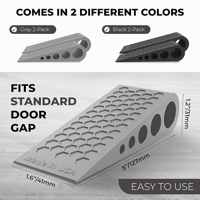 Door Stoppers for Bottom of Door Premium Floor Rubber Door Stop Wedge Made in USA Heavy Duty Honeycomb Design for Carpet, Tile, Ideal for Home, School, Commercial, Gray 6 Pack