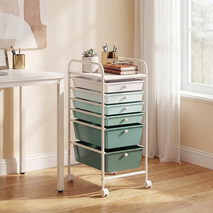 COSTWAY 6-Drawer Rolling Storage Cart, Art Craft Tools Organizer on Wheels | Multifunctional Heavy Duty Utility Mobile Storage Trolley w/ 2 Lockable Wheels for Home Office School (Green Gradient)