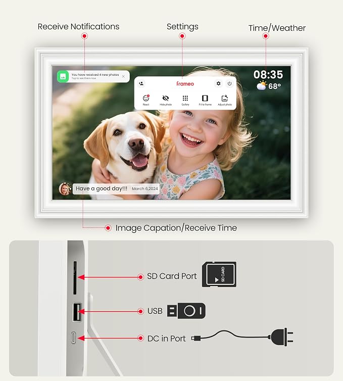 BIGASUO 15.6" Digital Picture Frame, 64GB WiFi Digital Frame Frameo with 1920x1080 FHD IPS Touch Screen, Share Photos Videos via Frameo App, Support SD/USB Drive, Best Gifts for Parents/Grandparents