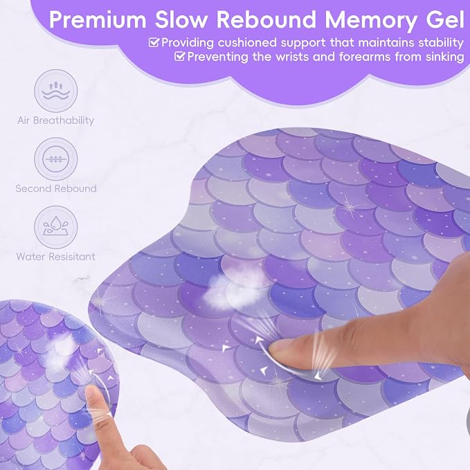 Mouse Pad with Wrist Rest Ergonomic Mouse Pad with Comfortable M-Shape Pain Relief Wrist Support Non-Slip PU Base Mousepad for Laptop, Office & Home (Purple Mermaid)